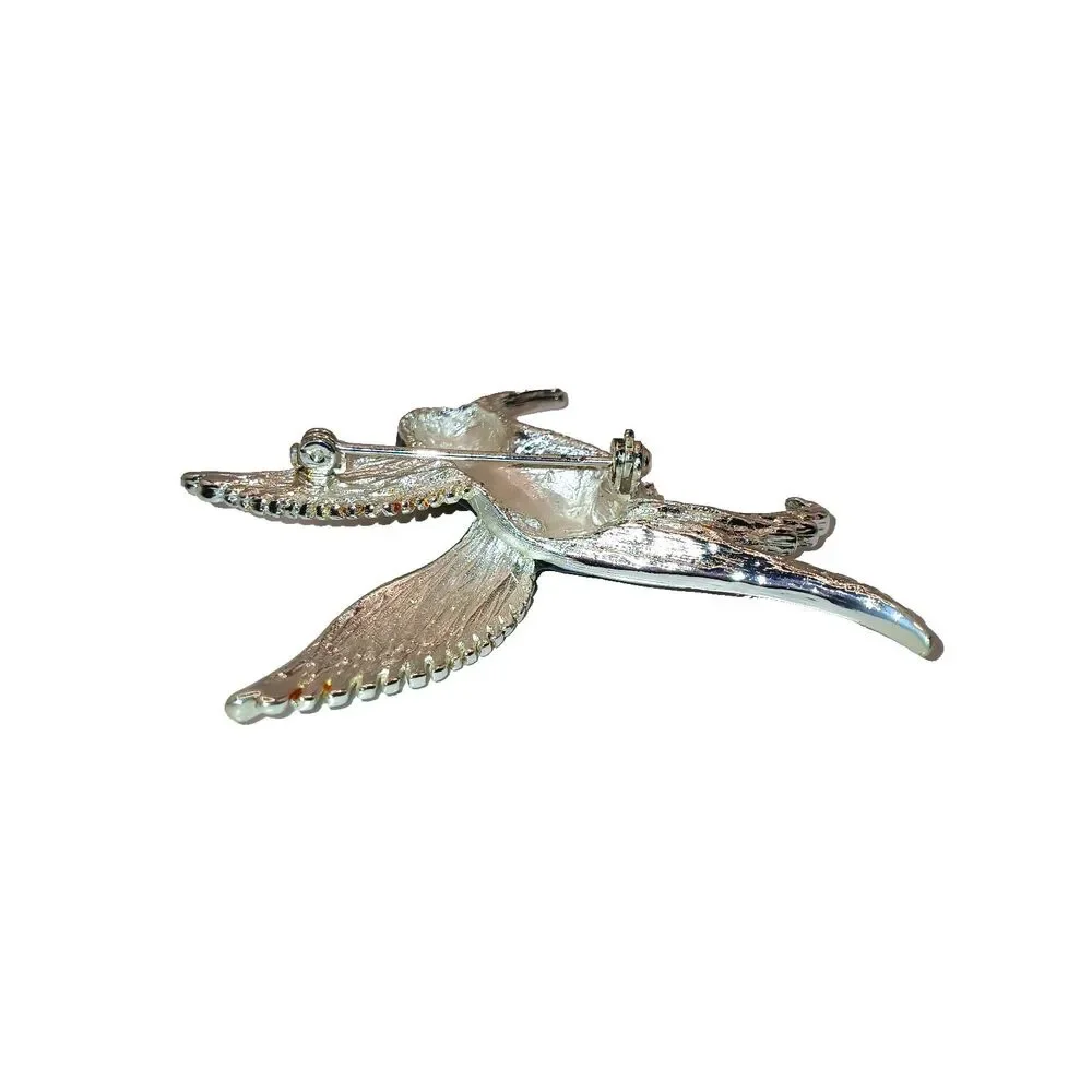 Hummingbird Brooch Pin Green Enamel Green Rhinestone Eye Silver Tone Metal 2.75